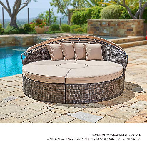 SUNCROWN Outdoor Patio Round Daybed with Retractable Canopy Brown