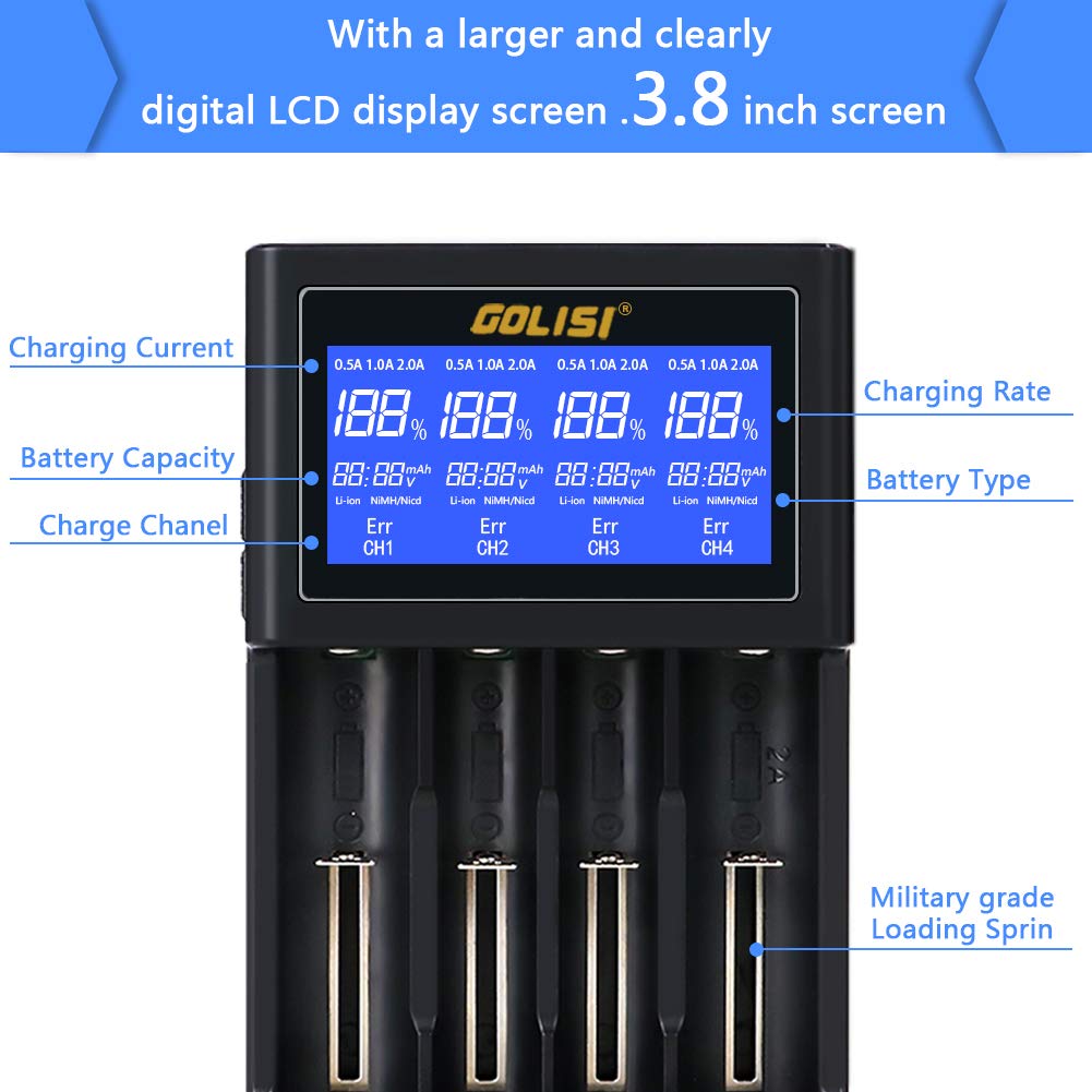 Golisi. Battery Charger for 26650 22650 18490 18350 17670 17500 16340 14500 10440 Li-ion Batteries,with Large LCD Screen, Universal Smart Speedy Wall Charger (4 slot)