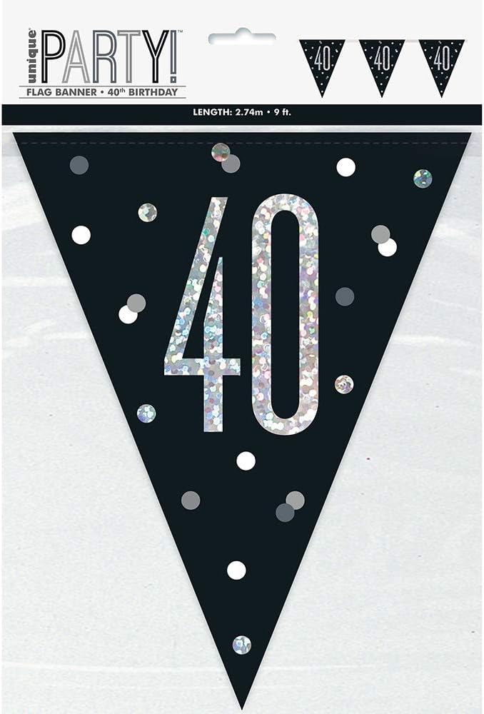Unique Party 83427-9ft Glitz Black & Silver 40th Birthday Bunting Banner, Age 40