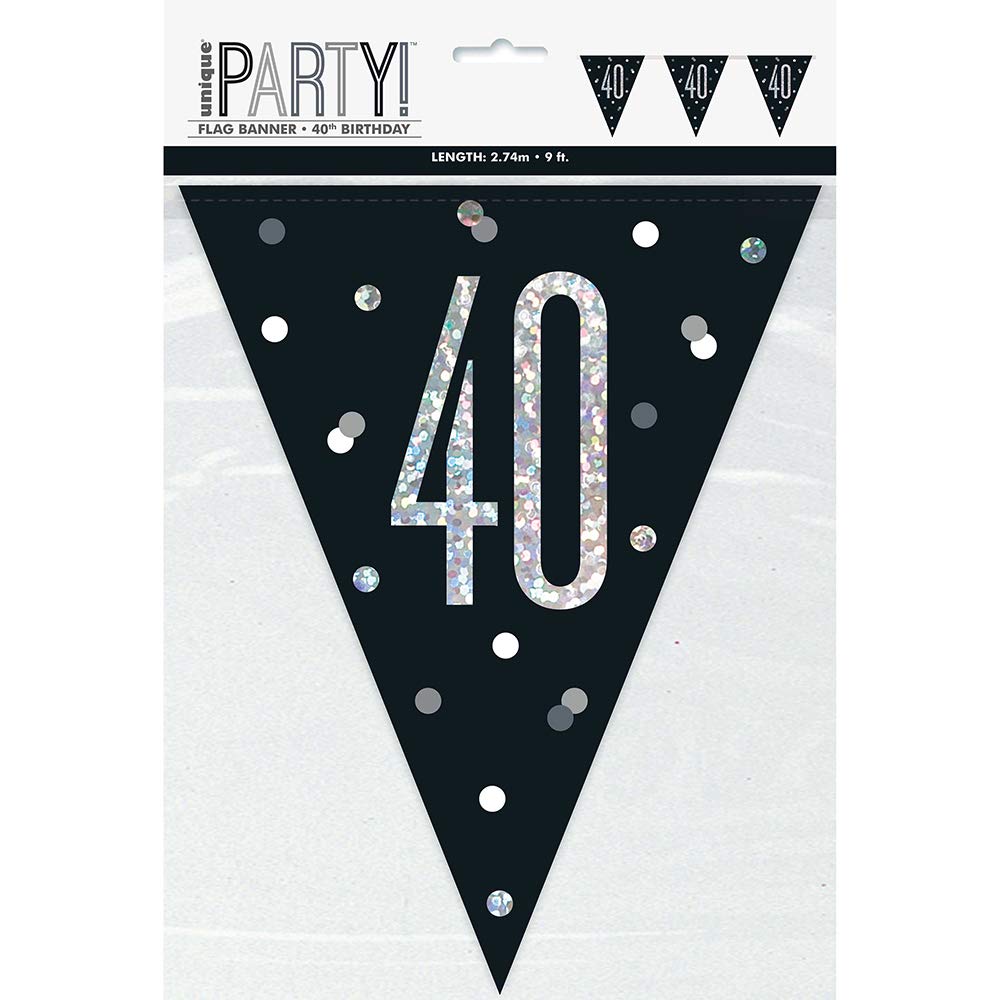 Unique Party 83427-9ft Glitz Black & Silver 40th Birthday Bunting Banner
