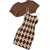 OYOANGLE Girl's Cute 2 Piece Outfits Print Cami Short Dress with Crop Top Tee Set