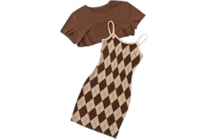 OYOANGLE Girl's Cute 2 Piece Outfits Print Cami Short Dress with Crop Top Tee Set