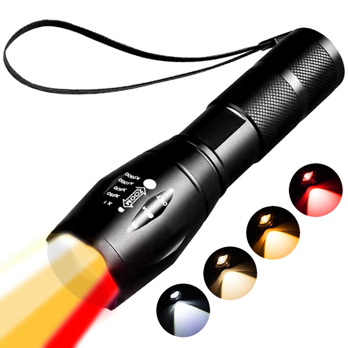 YZYOE Red Light Tactical Flashlight Rechargeable，1800K Warm Light for Eye Care,Photography Fill Light， 4 in 1 White Light and Yellow Light and Amber Lamp and Red Light, Night Observation.