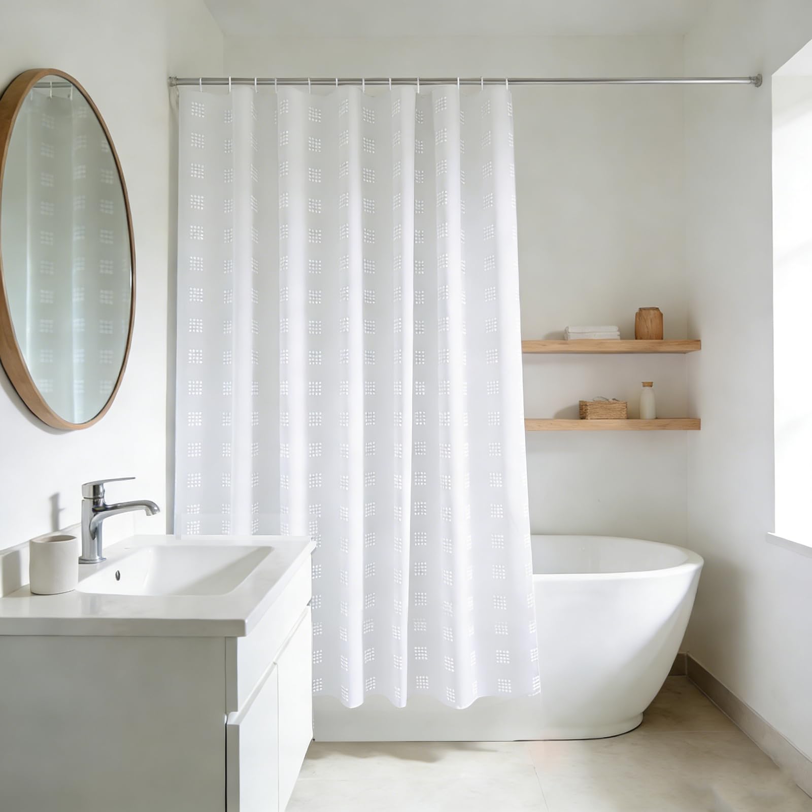 YISURE White Textured Short Shower Curtain, Wet Room Curtain for Bathroom Tub, Waterproof Fabric with Weighted Bottom and Plastic Hooks 71" W x 67" L / 180 W x 170 Lcm