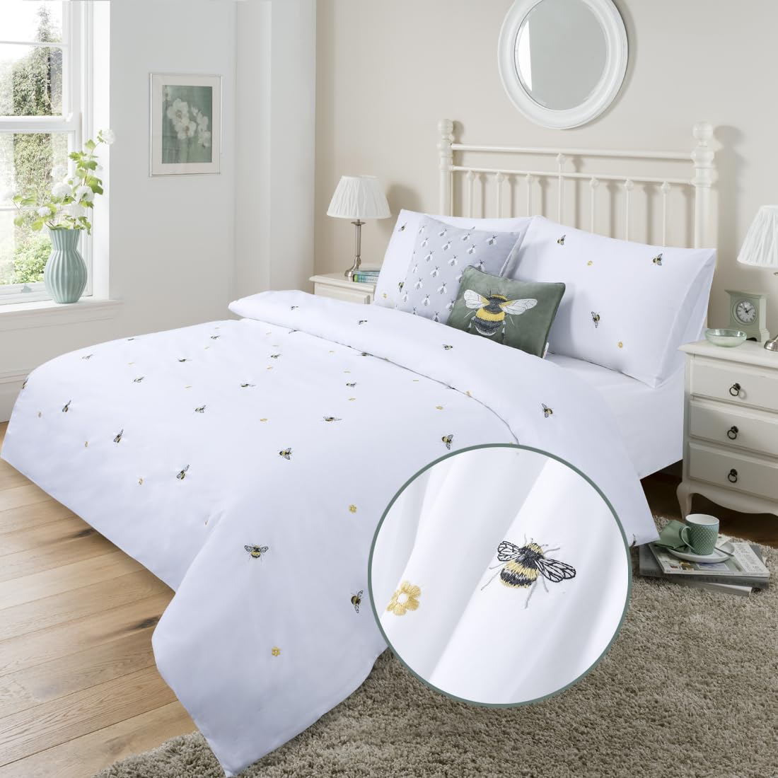 YINFUNG King Size Duvet Cover Sets Bumble Bee Embroidered White Bedding Polycotton Duvet Cover Sets Breathable Cute Quilt Cover with 2 Pillow Cases (White, King 230x220 cm)