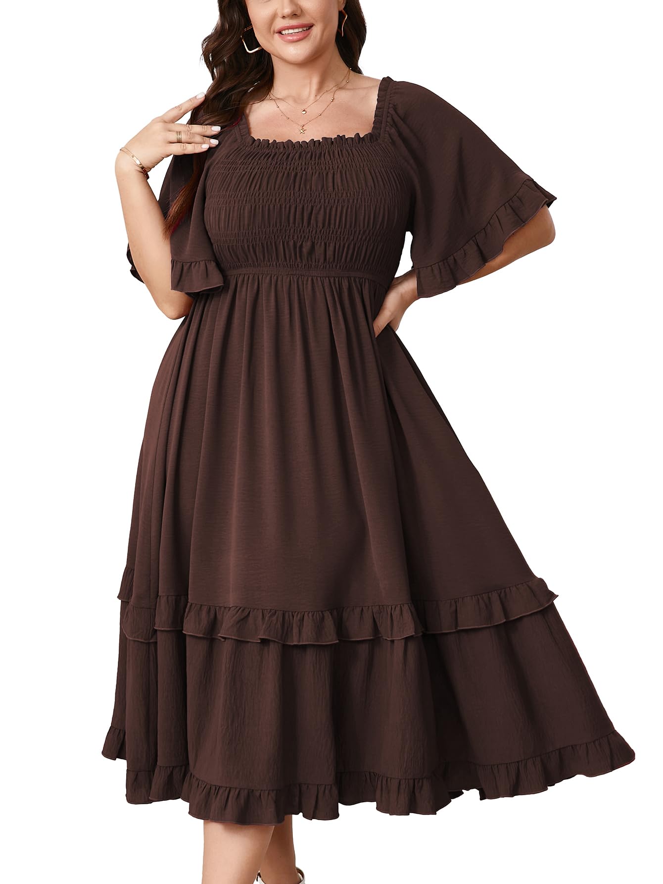 Photo 1 of SCOMCHIC Women's Plus Size Maxi Dresses Summer Short Sleeve Square Neck Smocked Wedding Guest Cocktail Boho Long Dress Brown
