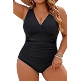 Plus Size One Piece Swimwear V Neck Tummy Control Ruched Bathing Suit | Chic V Neck, unremovable cups for lift, ruched tummy control, colorblock style, full lining with full coverage