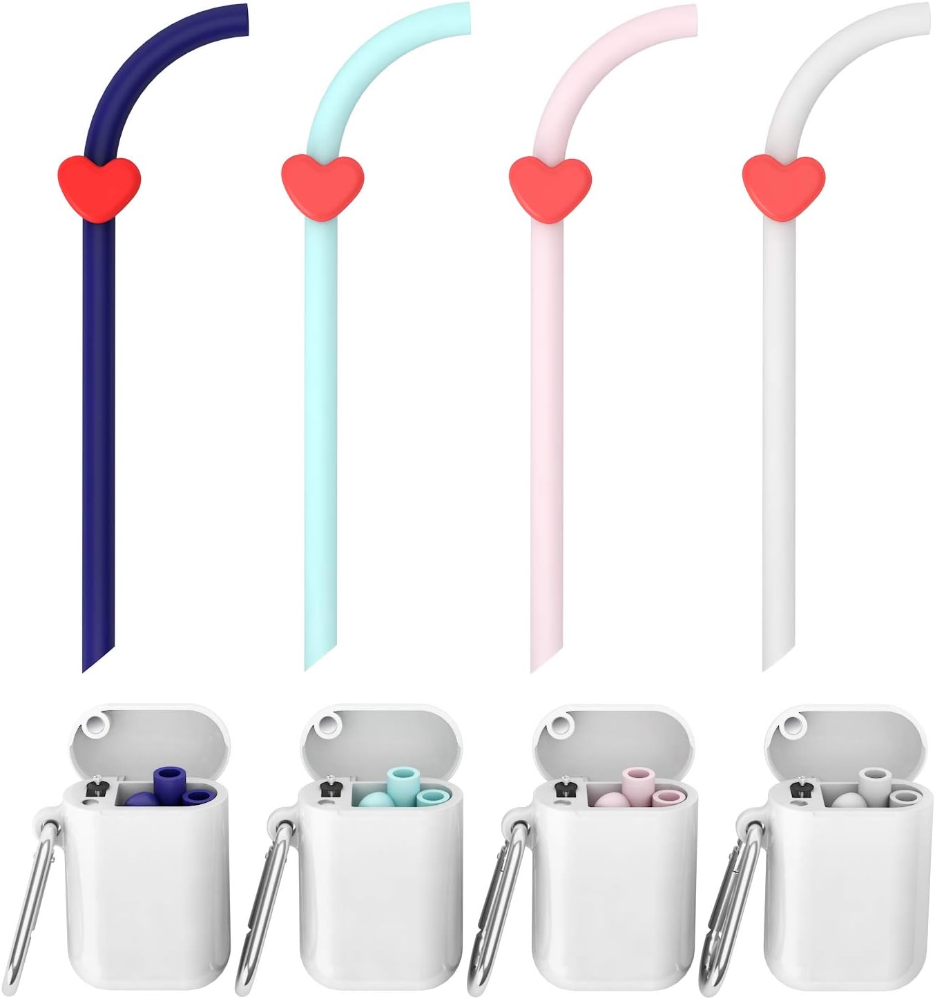 Valourgo Individually Wrapped Drinking Straws - Flexible Collapsible Silicone Reusable Straws with Cleaning Brush and Cute Red Heart Clip and Storage Box(4pcs)