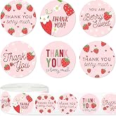 500PCS Thank You Stickers for Kids 1.5in Kids Stickers Rolls 6 Designs Pink Sticker with Strawberry Patterns and Thank You Words Sticker for Bottle Scrapbook Journal Envelope Decorations