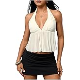 Milumia Women's Y2K Polka Dots Tie Backless Halter Top V Neck Ruffle Hem Peplum Going Out Crop Tank Tops
