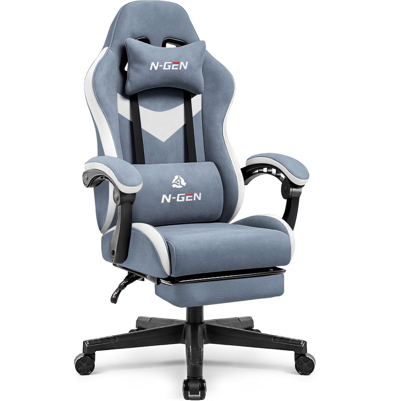N-GEN GAMING Video Gaming Chair with Footrest Lumbar Support for Home Office High Back Recliner Height Adjustable Ergonomic Comfy Fabric Computer Desk Chair (Blue) Image