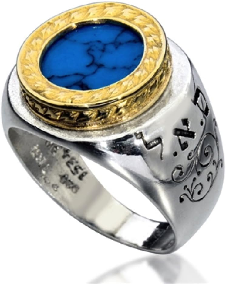 HolysandsKing Solomon's Sterling Silver Ring, Handmade Kabbalah Ring with Turquoise Stone and Golden Bezel, Prosperity and Abundance Ring with Kabbalah Red Bracelet