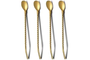 Gold Iced Tea Spoon with Straw Handle for Drinking, 4 Pieces 8.7" Stainless Steel Long Handle Titanium Gold Plating Bar Spork