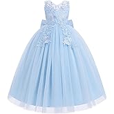 IDOPIP Flower Girl Lace Dress for Kids Wedding Bridesmaid Pageant Party Formal Long Gown Princess Communion Tulle Bow Dresses