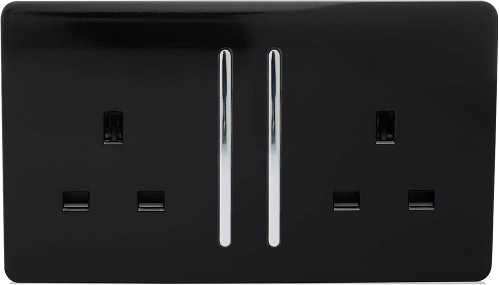 Trendi Switch 2 Gang Screwless Plug Socket Piano Black Chrome 13A UK Standard