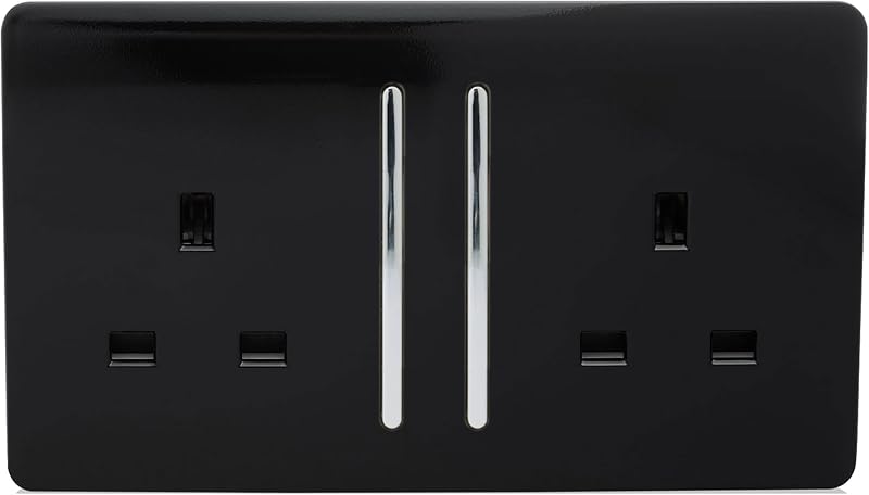 Trendi Switch 2 Gang Screwless Plug Socket Piano Black Chrome 13A UK Standard