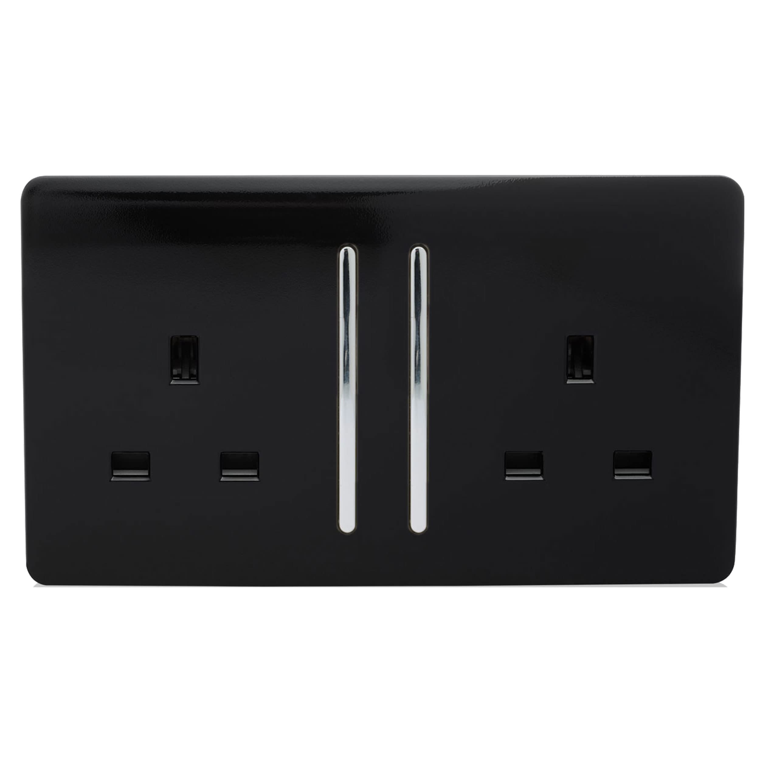 Trendi 2 Gang Raised Artistic Modern Glossy Screwless 13 Amp Single Pole with Chrome Switched UK Standard Electrical Double Wall Plug Socket in Piano Black - ART-SKT213LBK