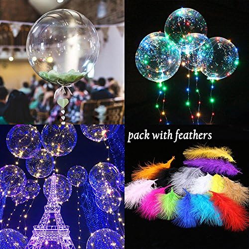 LED Transparent Balloons Flashing with Colorful Blinking Light Feathers and ribbons 1Pcs/3Pcs/5Pcs for Birthday Wedding Halloween Christmas Newyear Party Decoration (5 Pack)