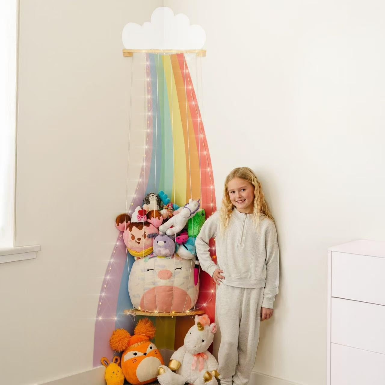 Photo 1 of PUTSKA Corner Stuffed Animal Storage Organizer with LED Lights - Stuffed Animal Holder, Stuffy Storage, Space-Saving Plushies and Toy Corner Organizer for Kids Room - Rainbow