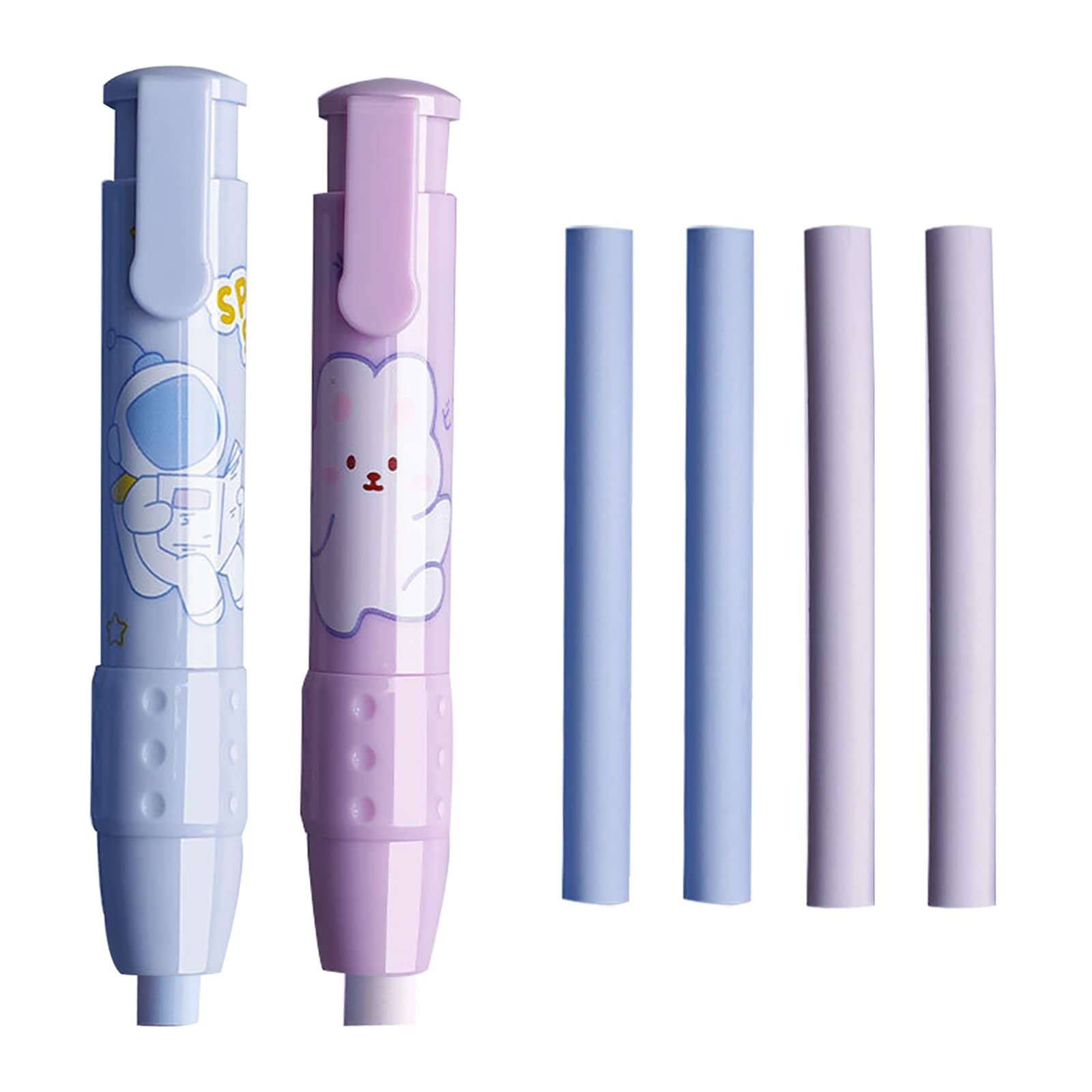 Retractable Eraser, Novelty Eraser Pen Shaped 2pcs Press Mechanical Rubbers with 6Pcs Refill Erasers for Kids Students Blue Purple