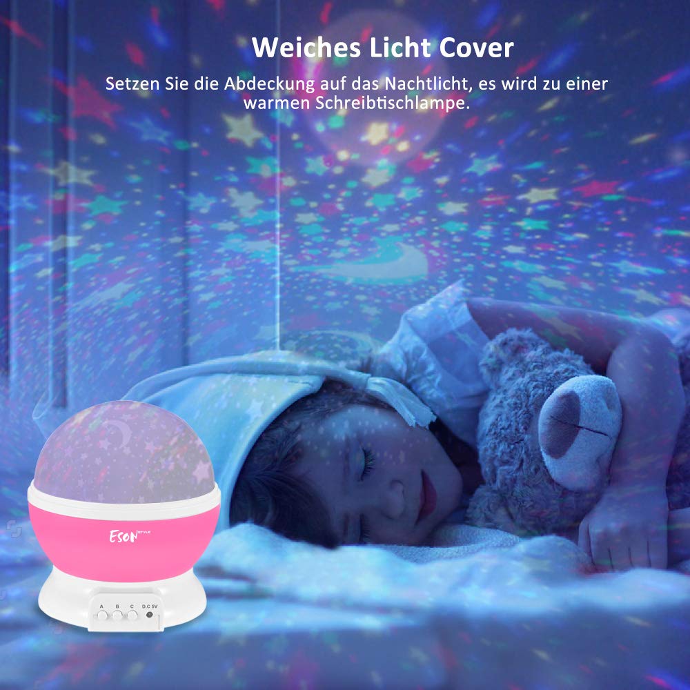 Esonstyle Wiederaufladbare 360 Grad Drehende Nachtlicht Projektor Baby Musical Mond und Himmel Licht mit 12Licht Musik für Baby Zimmer, Schlafzimmer, Kinderzimmer, Halloween, Weihnachten(Rosa)