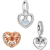 Doyafer 925 Sterling Silver Heart Bead Pendant Charms Set Rose Gold Charms For Women Bracelet Necklace Valentine's Birthday Day Gift for Wife 3-Piece/Package