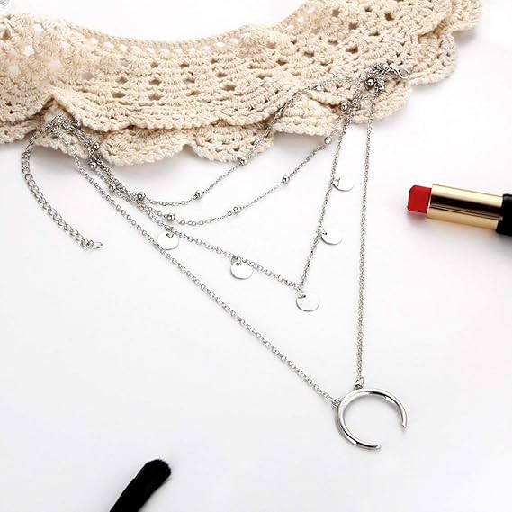 EXQULEG Halskette Damen Choker Mehrreihig Kette mit Anhänger Mond Pattern Ketten (Silber)
