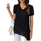 Vrtige Women's V Neck Layer Blouse Short Sleeve Asymmetrical Top Loose Fit Long Pullover Blouse
