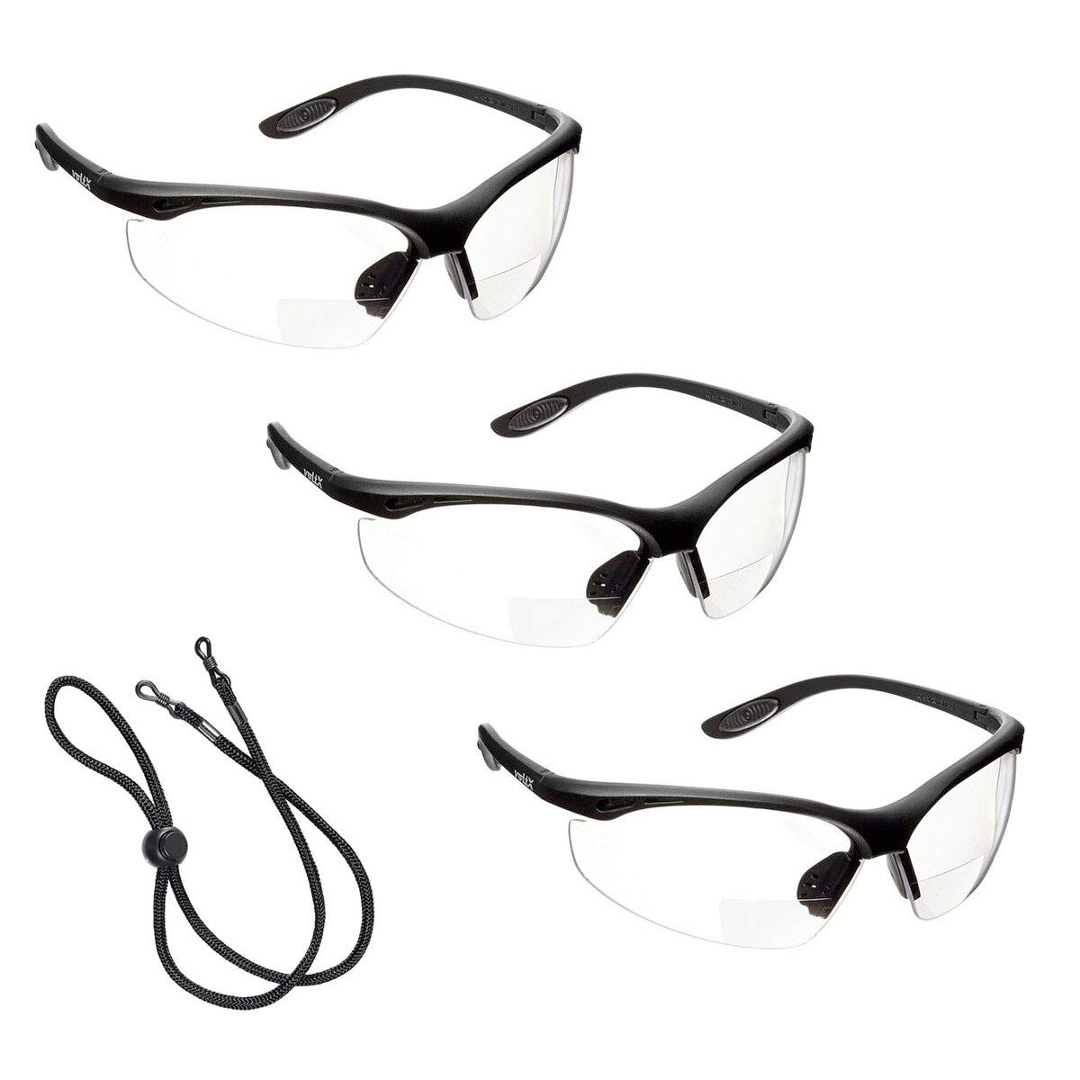 voltX 3 x Constructor' BIFOCAL Reading Safety Glasses (Clear +1.5 Dioptre) UKCA & CE EN166f Certified/Cycling Sports Glasses – Wraparound Style – Includes Safety Cord with headstop + UV400 Lens