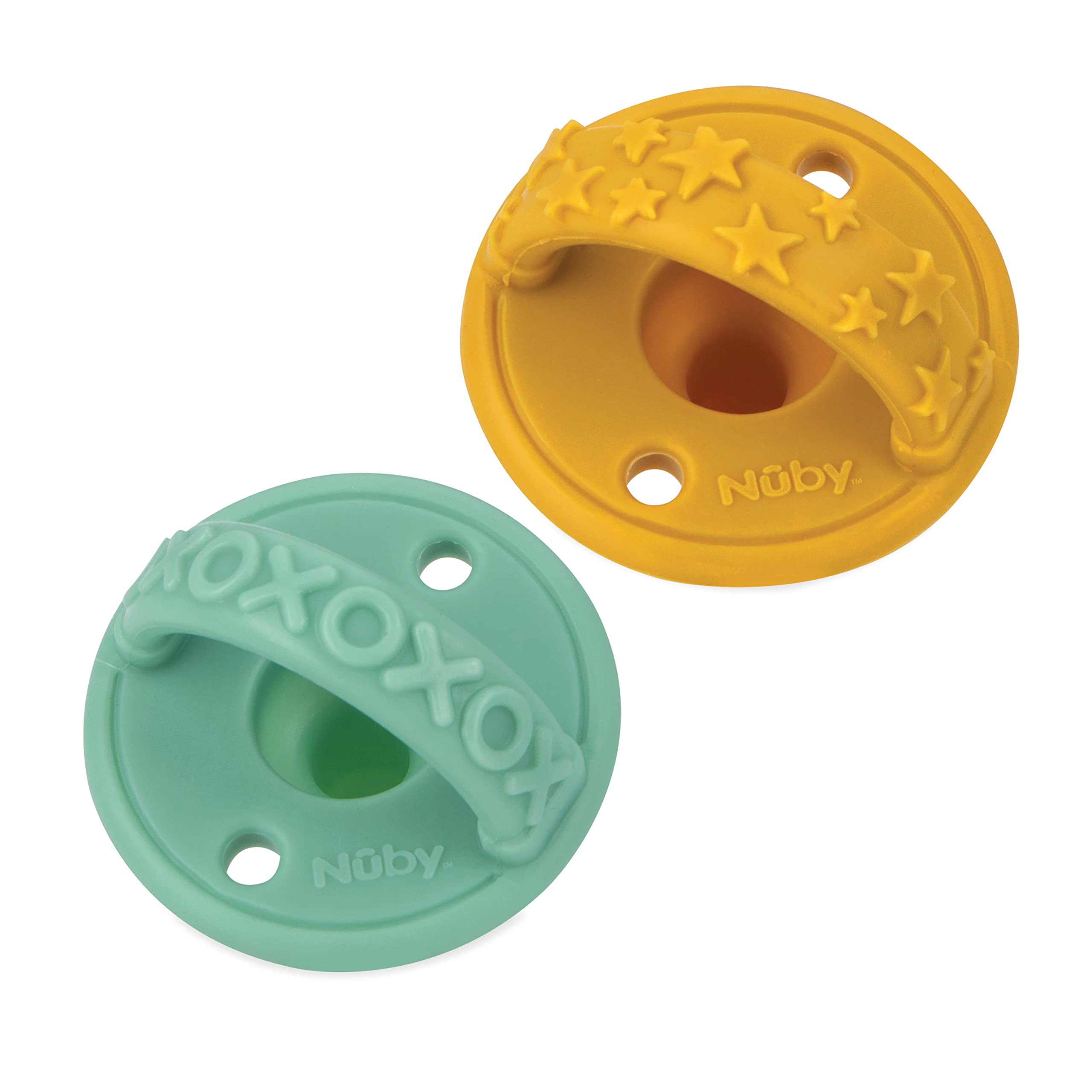 Photo 1 of Nuby Sili Soother Baby Pacifiers with Soft Handle and Safety Air Holes - (2-Pack) - 0+ Months - Yellow Stars and Aqua