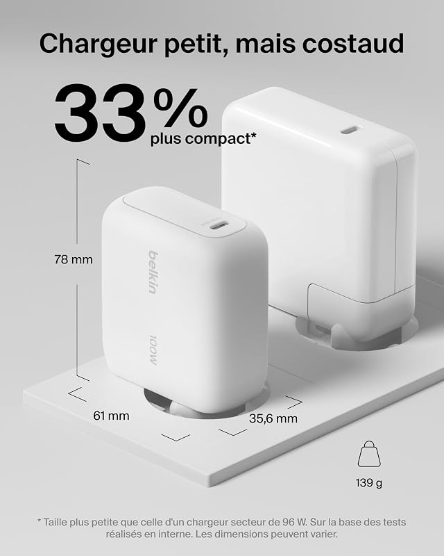 BoostCharge Chargeur Secteur GaN USB-C 100 W, Chargeur Compact Et Pliable, Recharge Rapide, pour iPhone 17, Samsung Galaxy S26, Pixel 10, AirPods, Tablette, MacBook, Chromebook - Blanc