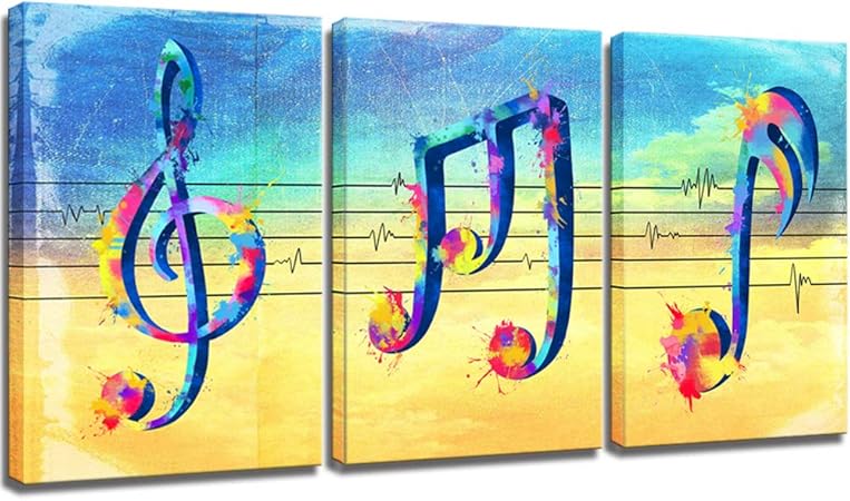 images Music Notes Painting On Canvas lovehouse 3 panel blue and yellow college music notes canvas wall art rhythm song modern giclee painting classroom living room bedroom decoration