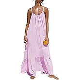 R.Vivimos Women's Summer Cotton Maxi Dress Adjustable Spaghetti Strap Boho Casual Backless Ruffle Loose Fit Flowy Dress