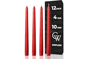 CANDWAX 12 inch Red Taper Candles Set of 4 - Dripless and Long Burning Red Candlesticks - Perfect as Christmas Candlesticks for Dinner or Holiday Home Decor - Christmas Candle Sticks