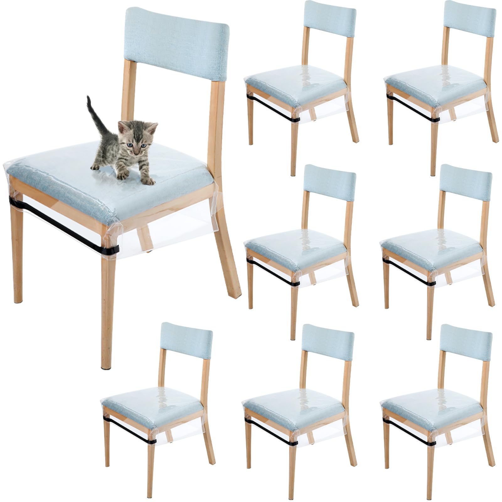Photo 1 of Kigley 8 Pcs Plastic Chair Covers for Dining Room Chairs Clear Plastic Seat Covers Water Stain Kitty Scratch Resistant PVC Waterproof Chair Protector with Adjustable Belt Strap for Most 18"- 20" Seats