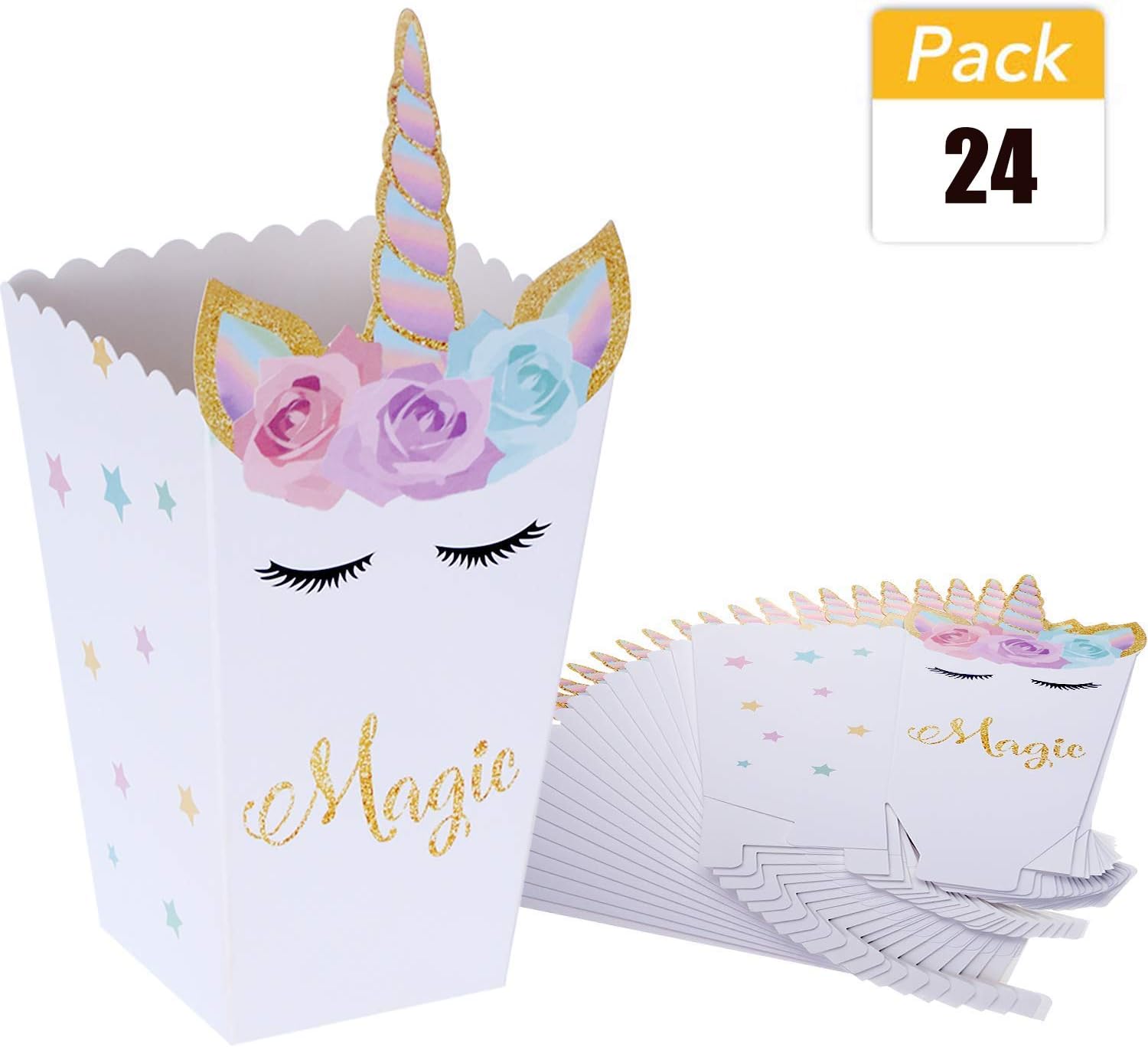 MUYOS Popcorn Boxes, 24 Pieces Rainbow Unicorn Snack Candy Treat Paper Boxes Bags for Children Kids Birthday Party Supplies