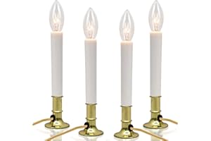 SUNSGNE Electric Window Candle Lamp with Golden Plated Base, Set of 4 Plug in Electric Candle Lights Christmas Window Candles with 7 Watt C26 Clear Light Bulbs, Turn On/Off, Ivory Color Cord