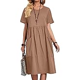 utcoco Womens Summer Cotton Linen T Shirt Dress Casual Loose Fit Crewneck Short Sleeve Midi Dresses with Pockets