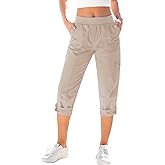 GRAPENT Capri Cargo Pants for Women High Waisted Pull On Elastic Waist Stretch Twill Fold Hem Capris Pants with Pockets