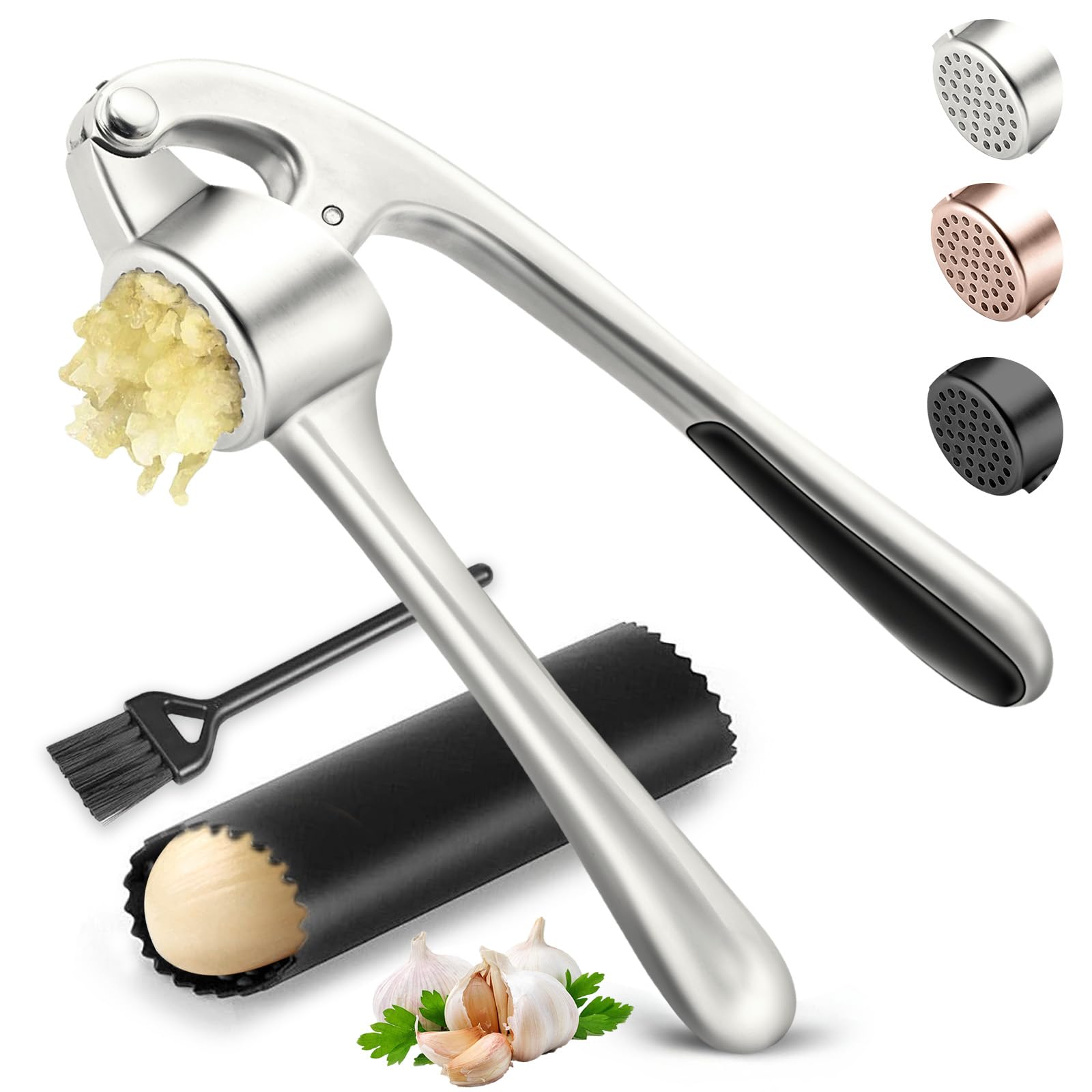 Photo 1 of Kitchen Garlic Press, Rust Proof & Dishwasher Safe Garlic Mincer, Durable Garlic Crusher Set with Peeler?Brush, Easy to Clean and Squeeze, Matte