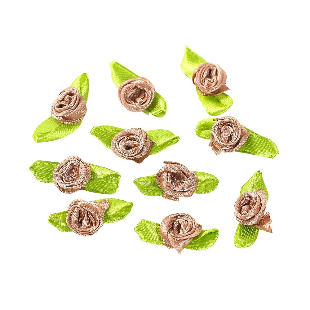 Pack of 200 mini Artificial Flowers Rose Heads,Bows Roses with Leaf,Rose Flower Heads Flower Heads for Crafts,Flower Appliquations,Confetti Decoration for DIY Crafts,Garland Scrapbooking,Light Brown