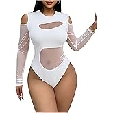 WDIRARA Women's Cold Shoulder Long Sleeve Bodysuit Sheer Mesh Jumpsuit Sexy Leotard Tops