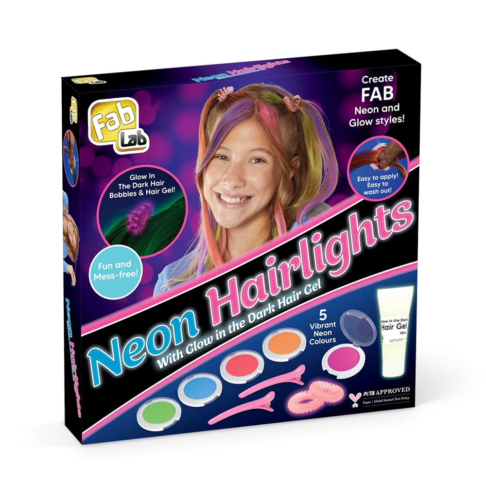 FabLab Neon Hairlights | Create FAB Glowing Hair Highlights! | Includes 5 Colours of Hair Chalk, Neon Hair Gel and Accessories for Kids | Girls Gifts for Ages 8+