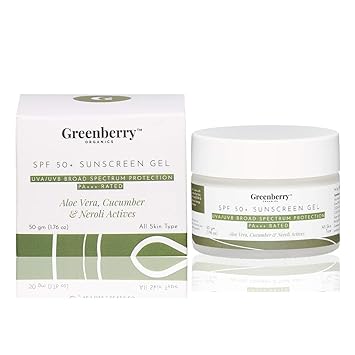 Greenberry Organics Aloe Vera Cucumber SPF 50+ Sunscreen Gel with UVA/UVB Protection, PA+++ For Men & Women, All Skin Types, 50 Gm