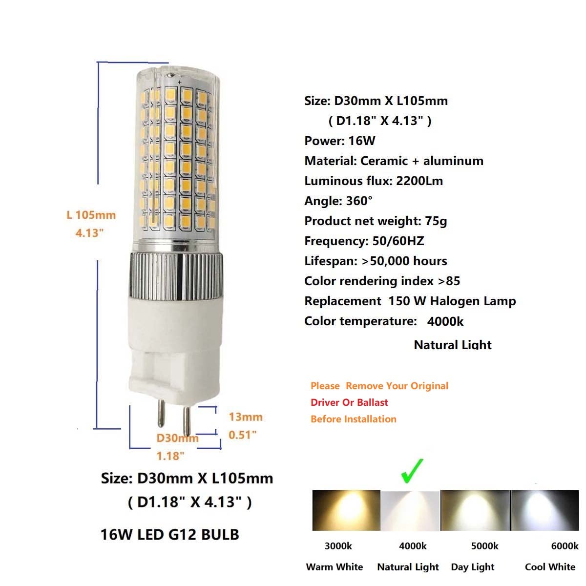 WELESHEI G12 Led 16w Ceramic Corn Light G12 Led Bulb 4000k Natural White Equivalent 200 Watt Incendescent Lamp Halogen Bulb 2 Pin Ceilling Downlight Shopping Mall Light (1 Pack)