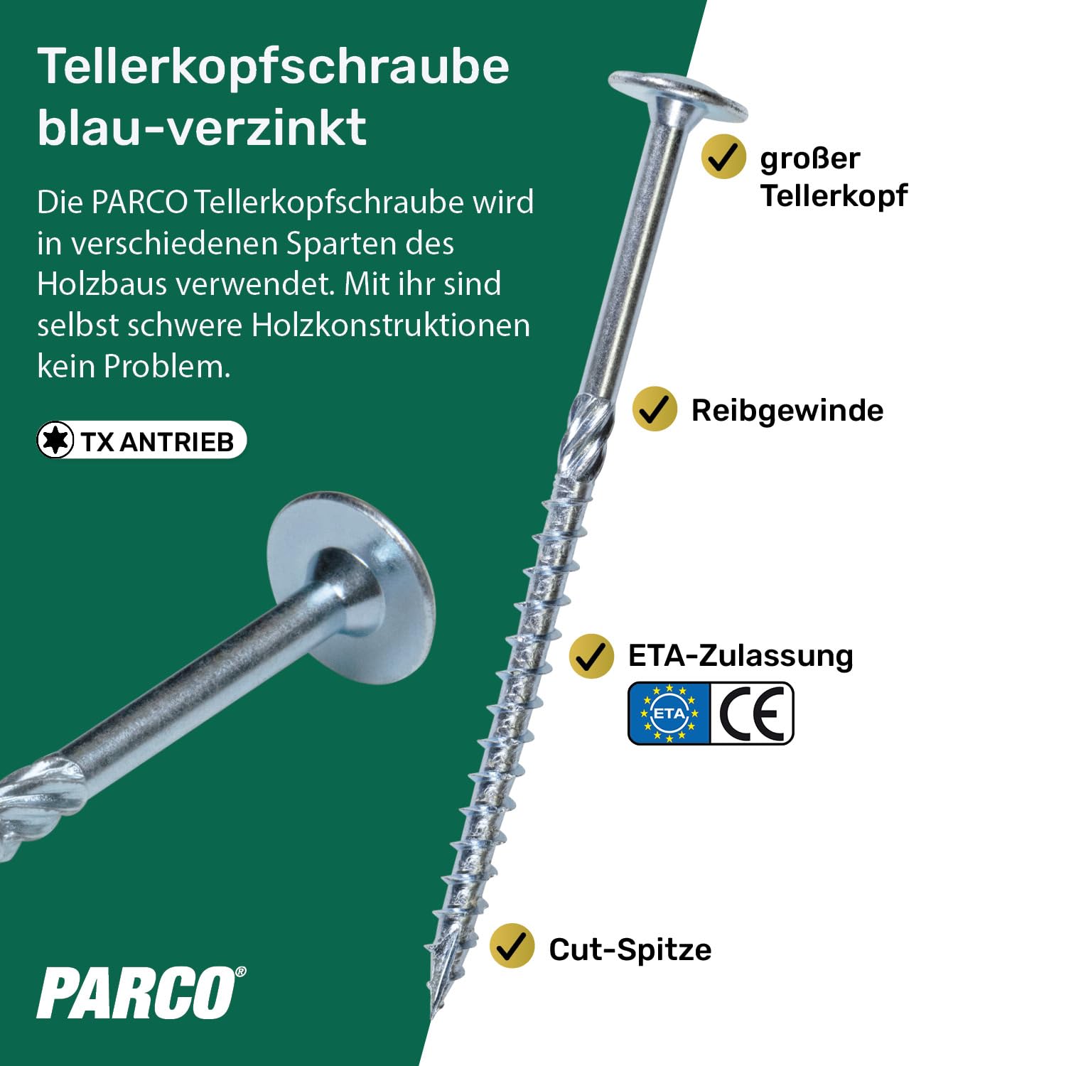 PARCO Tellerkopfschrauben, 100 Stück, 6x40 mm TX40 Verzinkt, CUT-Spitze, Holzbauschrauben für Konstruktionen, German Quality mit ETA Zulassung 2