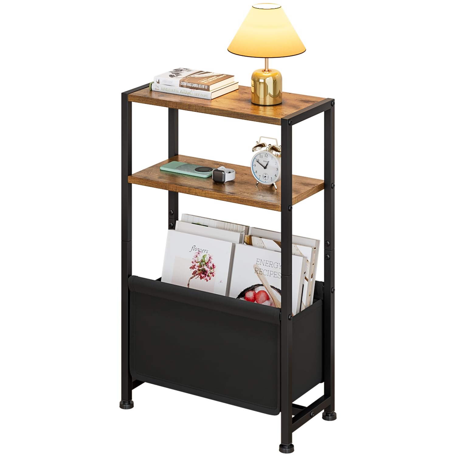 Wooruy 7" Narrow Side Table,Slim End Tables with Shelves Bag,Nightstand with Magazine Holder,Skinny Lamp Table Thin Bedside Table for Small Spaces Living Room Bedroom Sofa Side 7"D x 15.7"W x 25.5"H