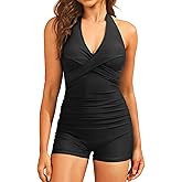 Women One Piece Swimsuits with Shorts - Tummy Control Retro Bathing Suit Halter Boyleg Swimwear