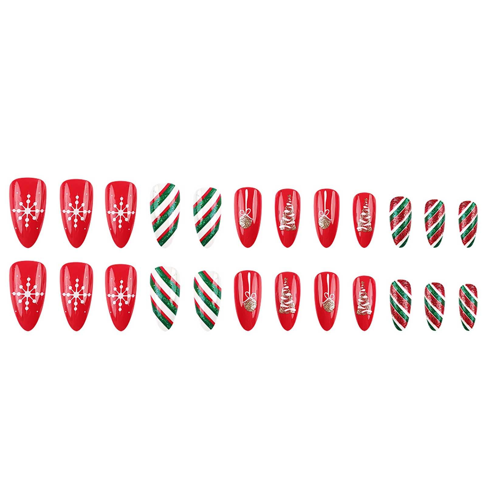 Rilafuvu Red Press on Nails Medium Almond Fake Nails White Snowflake Xmas Stripe Pattern Design False Nails Glue on Nails Acrylic Nails Xmas Stick on Nails Christmas Nails Press ons Nails 24pcs - Image 5