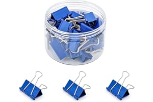 Temiary 24 Pcs Binder Clips, 1.26 Inch Medium Metal Binder Paper Clip with Container, Blue Paper Clamps Bulk for Office, Home
